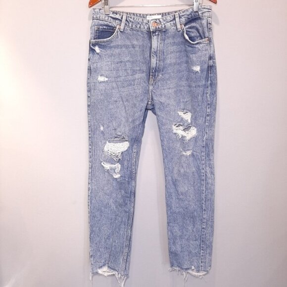 Bershka Emma Distressed Stonewash Jeans High Rise Slim Straight Ankle Denim - Picture 14 of 14